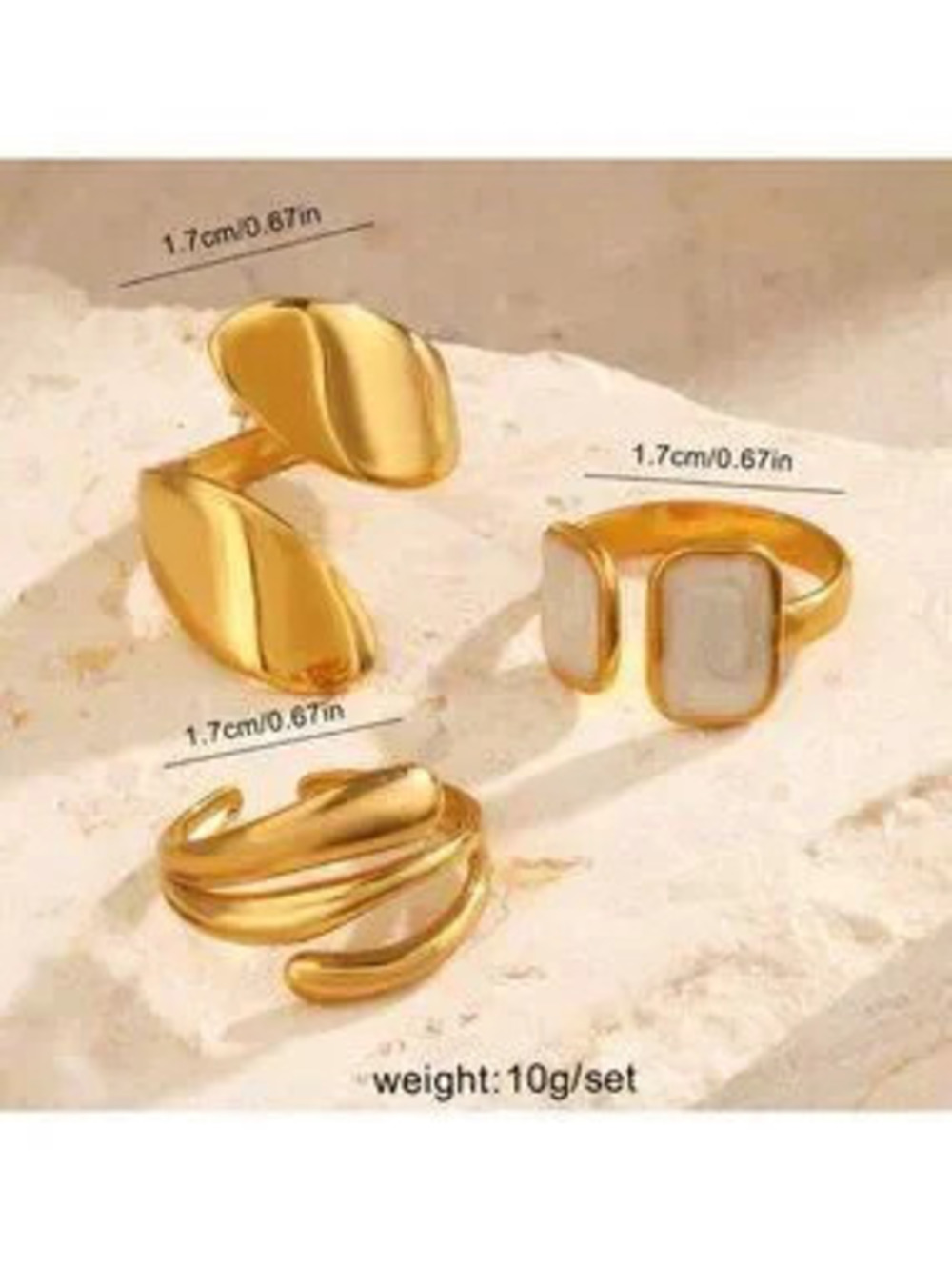 Gold Plated Stainless Steel White Stone Adjustable Ring Set C 3pcs